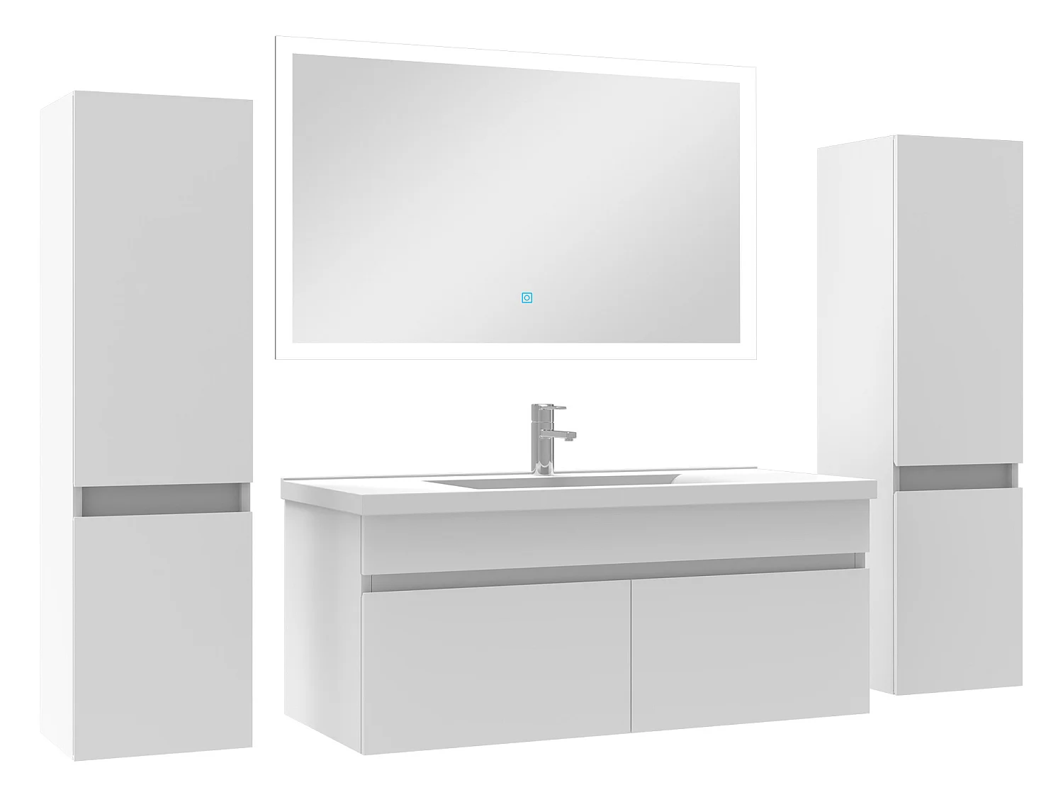 Ensemble meuble simple vasque L.100cm avec colonne + miroir Blanc