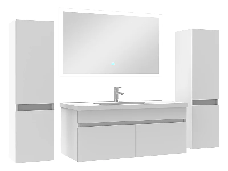 Ensemble meuble simple vasque L.100cm avec colonne + miroir Blanc