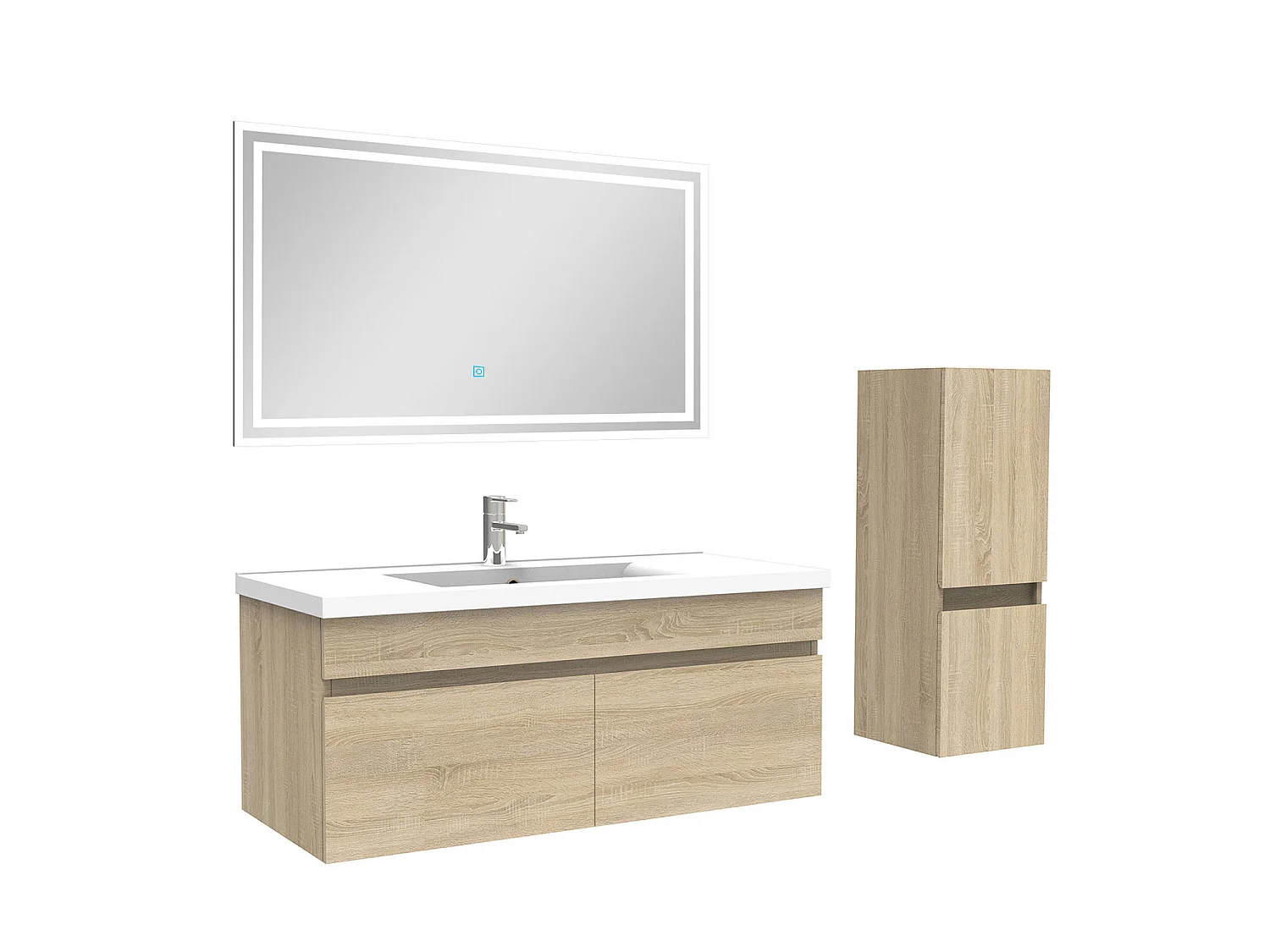 Ensemble Salle De Bain 100cm meuble Chêne Wotan avec colonne et miroir lumineux, Aica