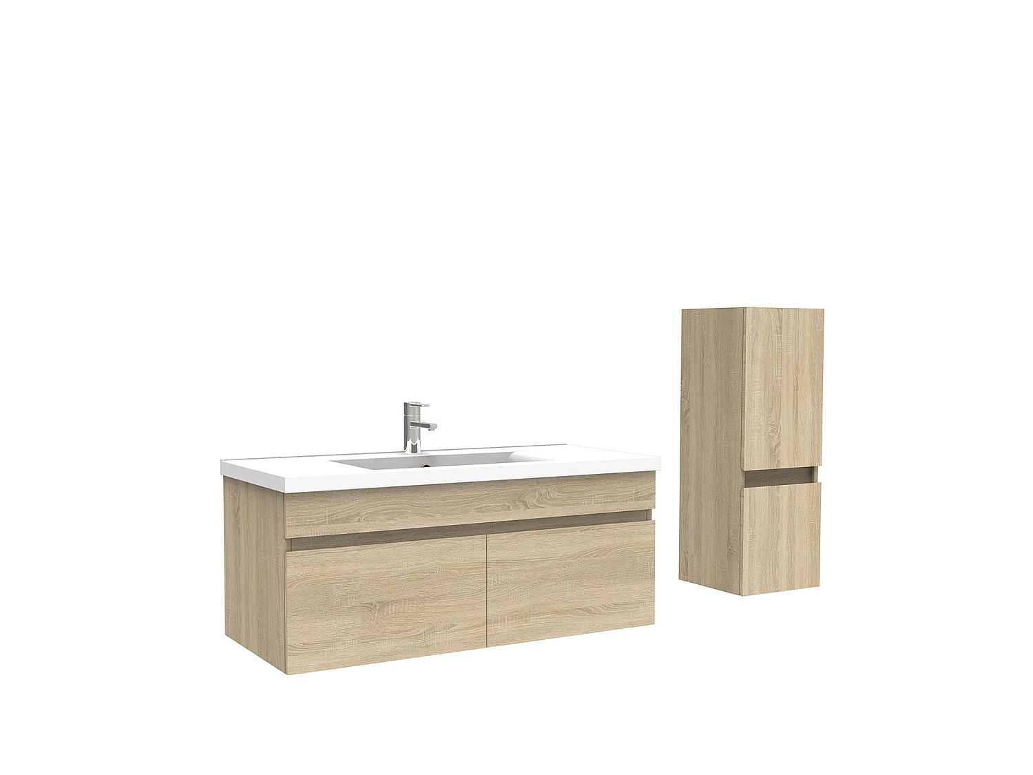Meuble Salle de Bain 100cm Chêne Wotan avec colonne et vasque ceramique, Aica