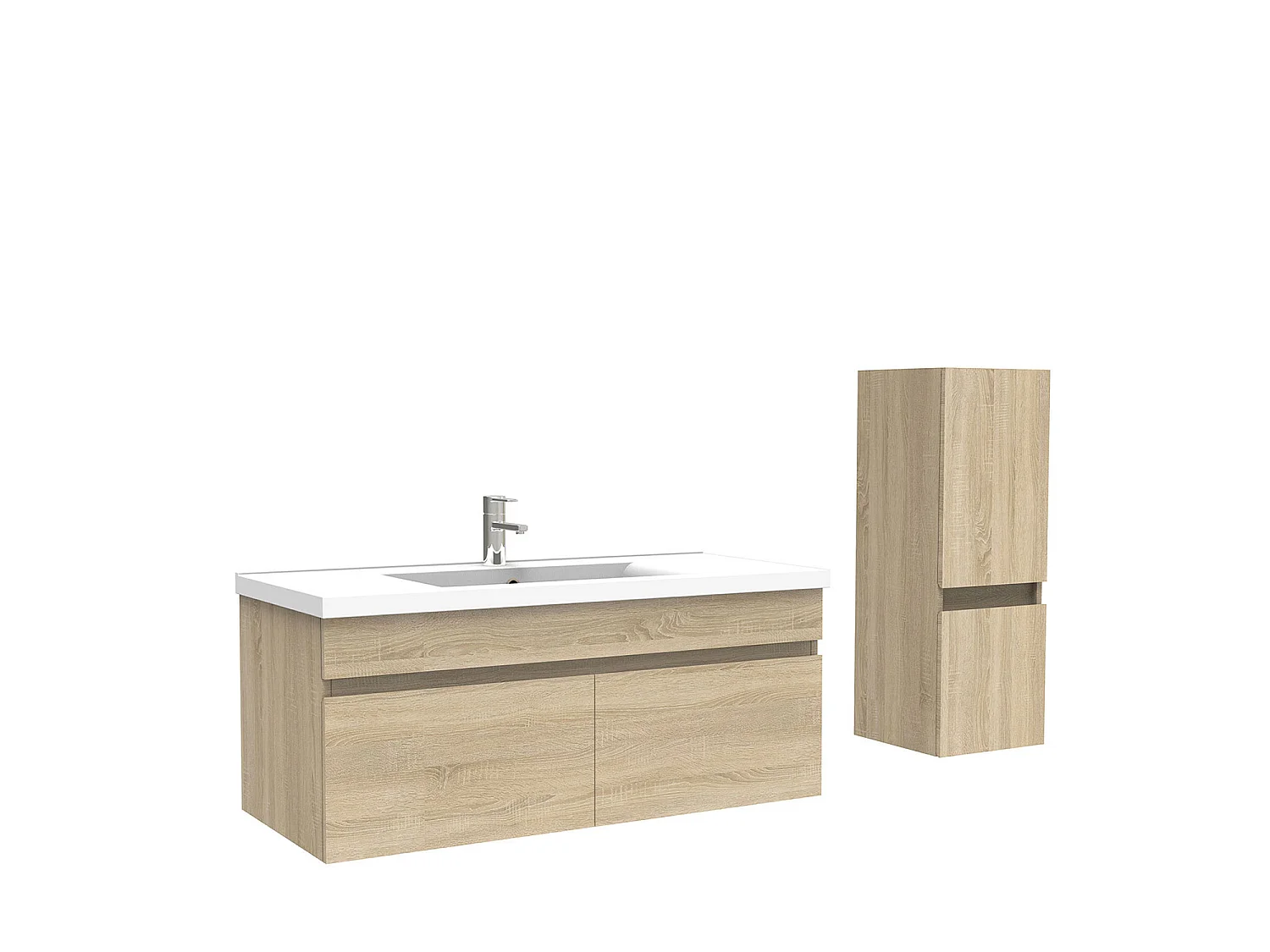 Meuble Salle de Bain 100cm Chêne Wotan avec colonne et vasque ceramique, Aica