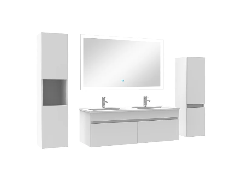 Ensemble meuble vasque 120cm + colonne de rangement + miroir lumineux Blanc