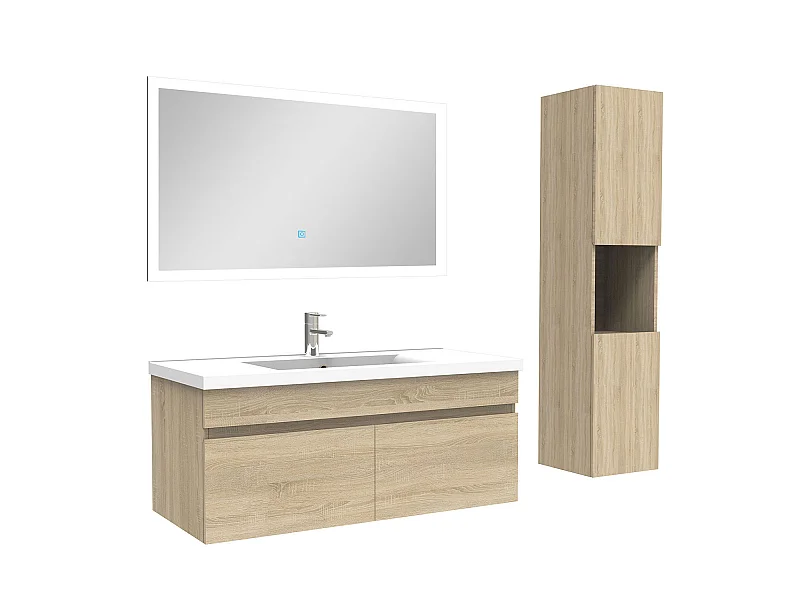 Ensemble Salle De Bain avec colonne et miroir 100cm meuble Chêne Wotan, Aica