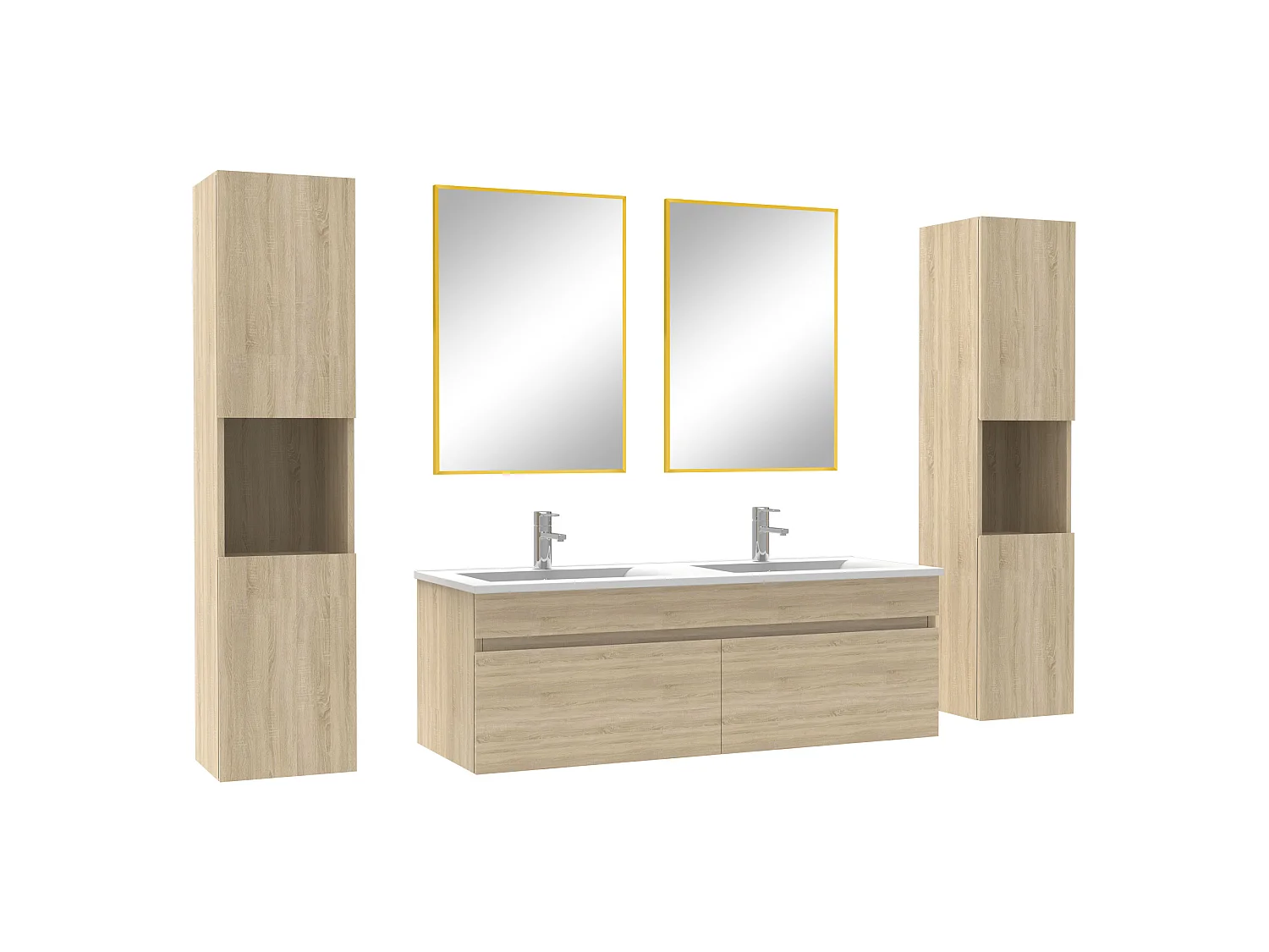 Ensemble meubles Salle de Bain 120cm double vasque avec colonne + miroir mural Chêne Wotan