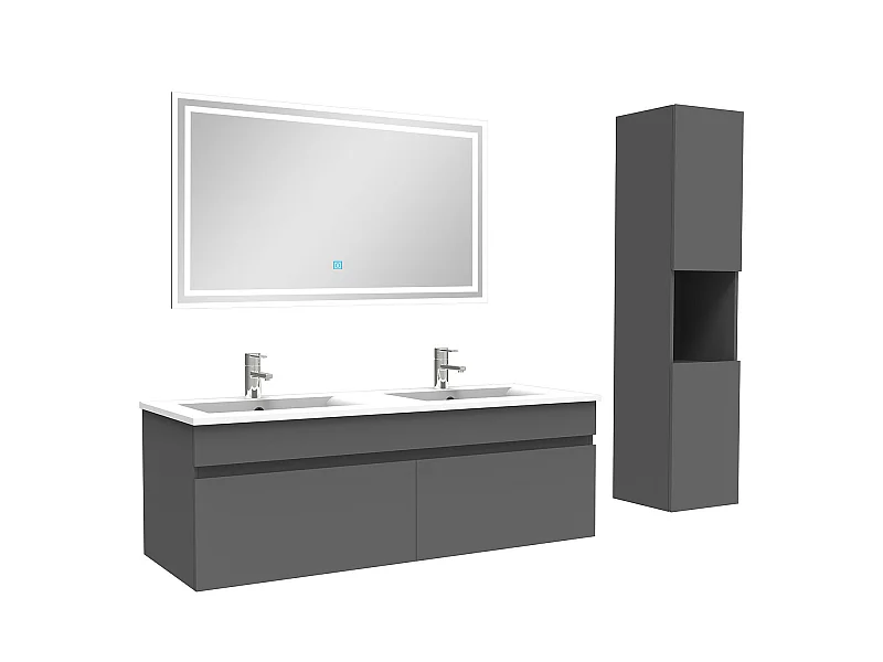 Meuble Salle de Bain 120cm Anthracite avec colonne + miroir lumineux, Aica