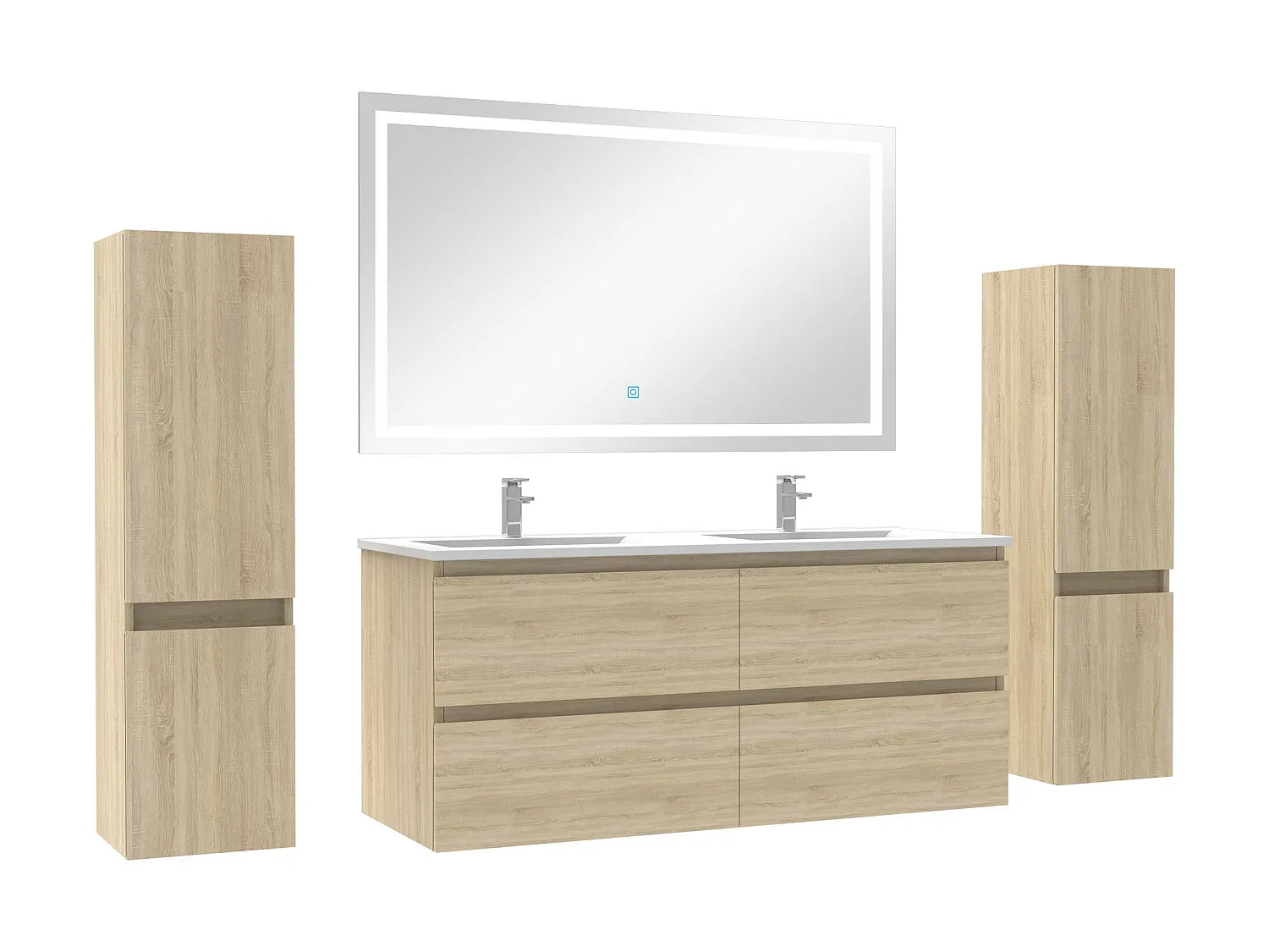 Ensemble meubles Salle de Bain 120cm double vasque + colonne + miroir lumineux Chêne Wotan