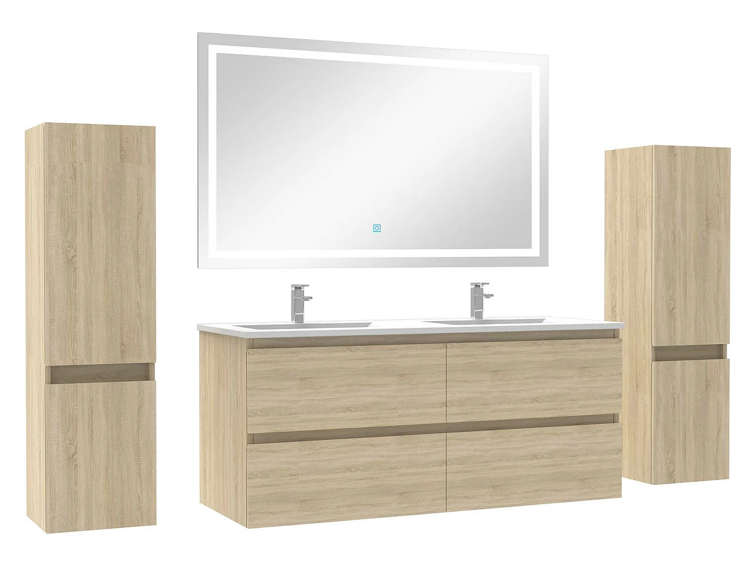 Ensemble meubles Salle de Bain 120cm double vasque + colonne + miroir lumineux Chêne Wotan