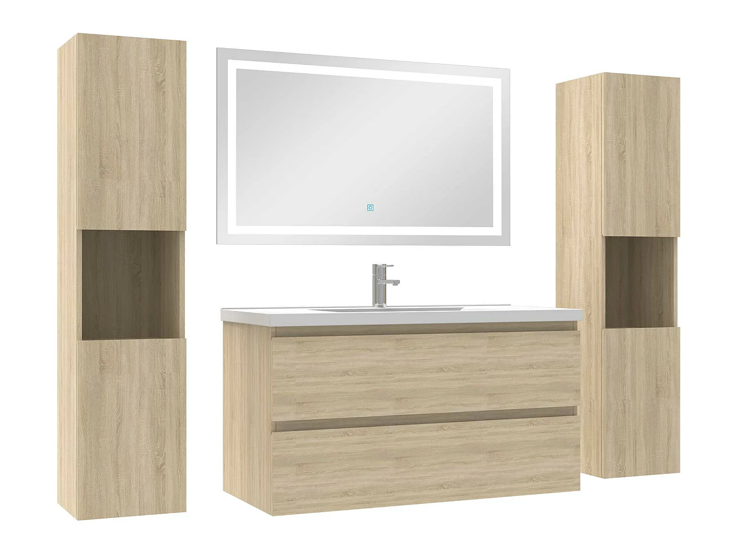 Ensemble meubles Salle de Bain 100cm vasque + colonne + miroir lumineux Chêne Wotan