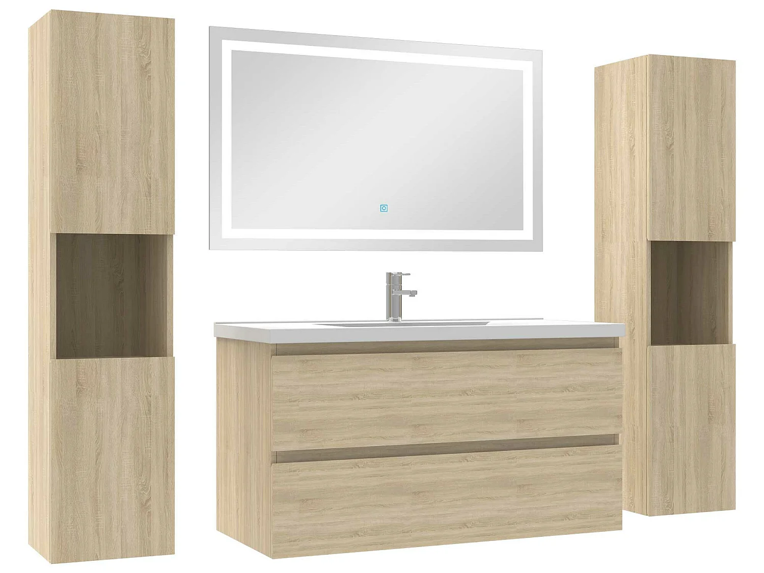 Ensemble meubles Salle de Bain 100cm vasque + colonne + miroir lumineux Chêne Wotan