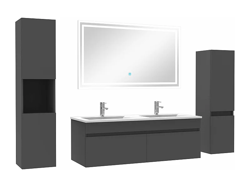 Meuble Salle de Bain Anthracite 120cm double vasque + colonne + miroir LED