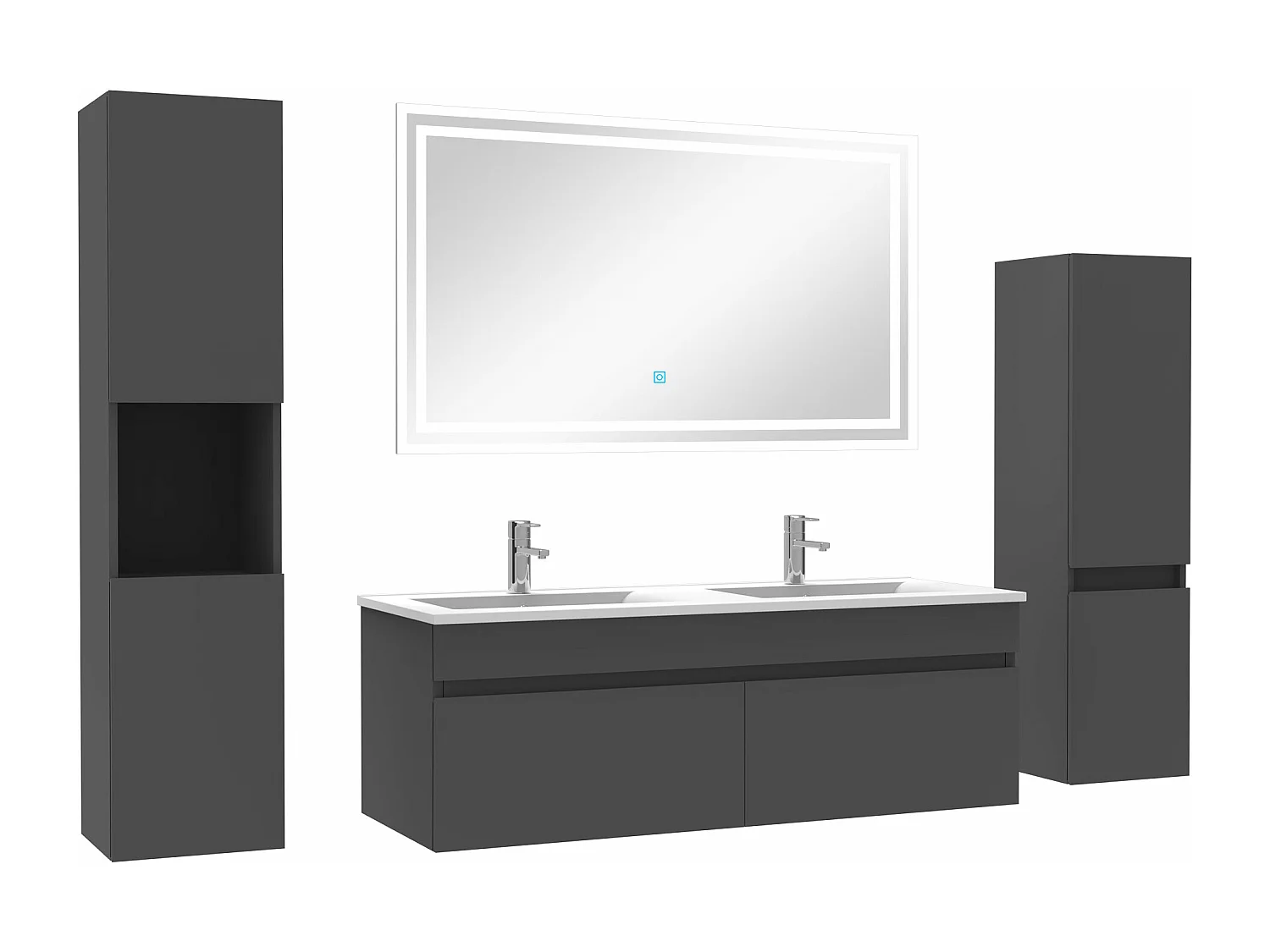 Meuble Salle de Bain Anthracite 120cm double vasque + colonne + miroir LED