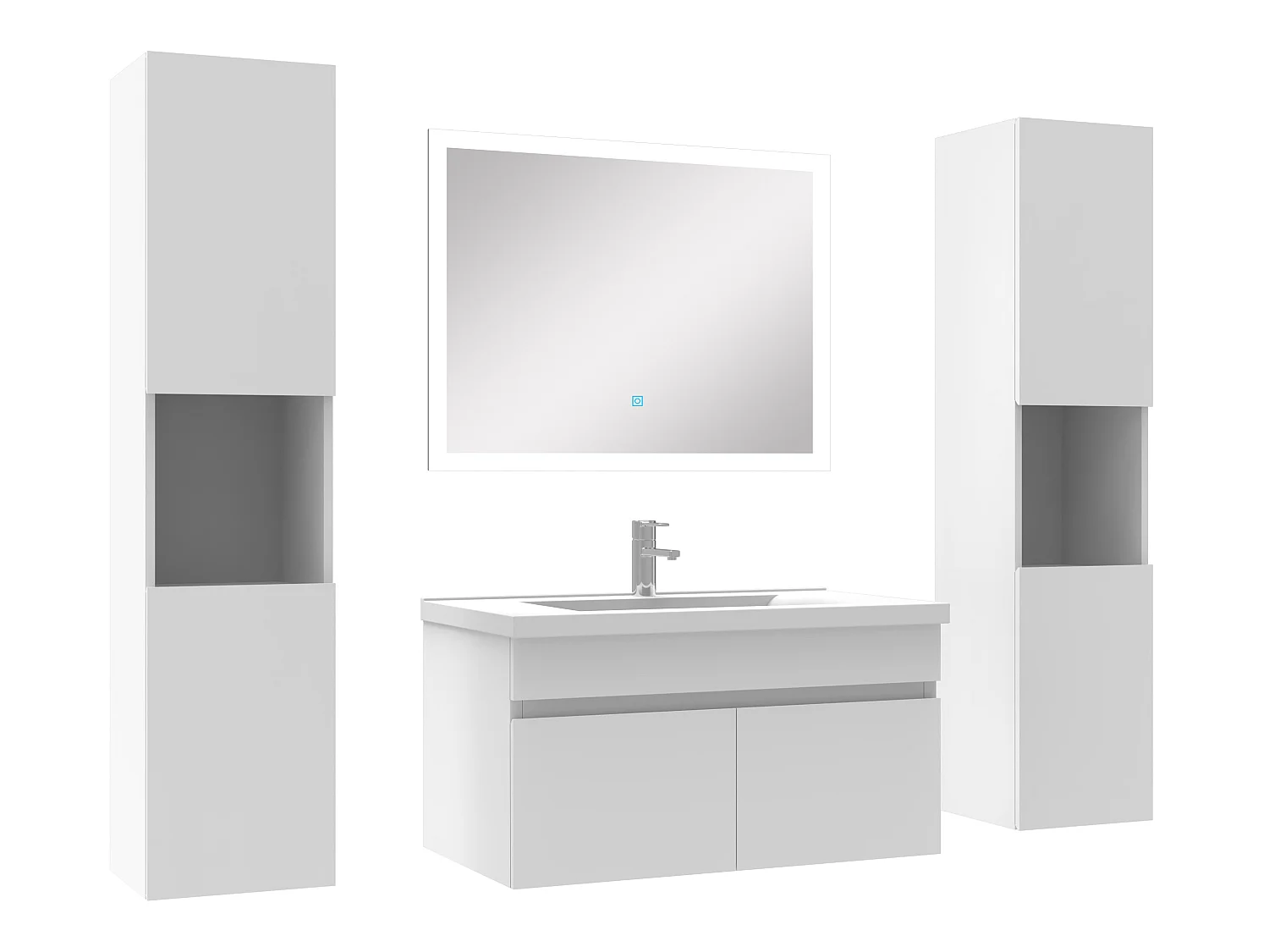 Ensemble meuble de salle de bain 80cm simple vasque + colonne de rangement + miroir lumineux Blanc