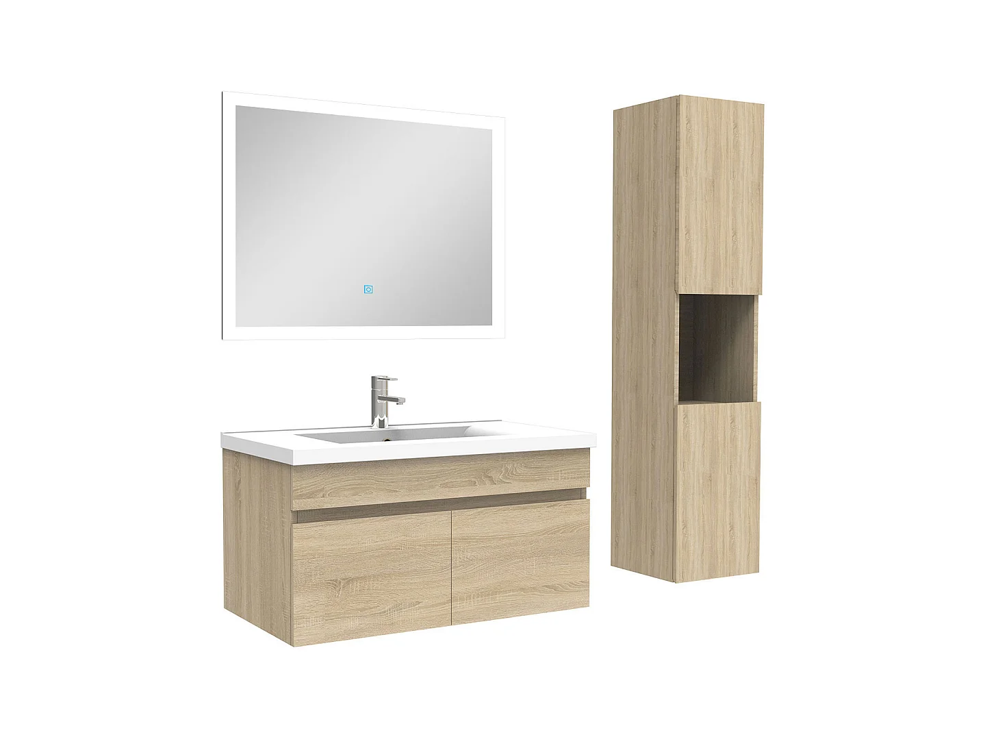Ensemble Salle De Bain avec colonne et miroir 80cm meuble Chêne Wotan, Aica