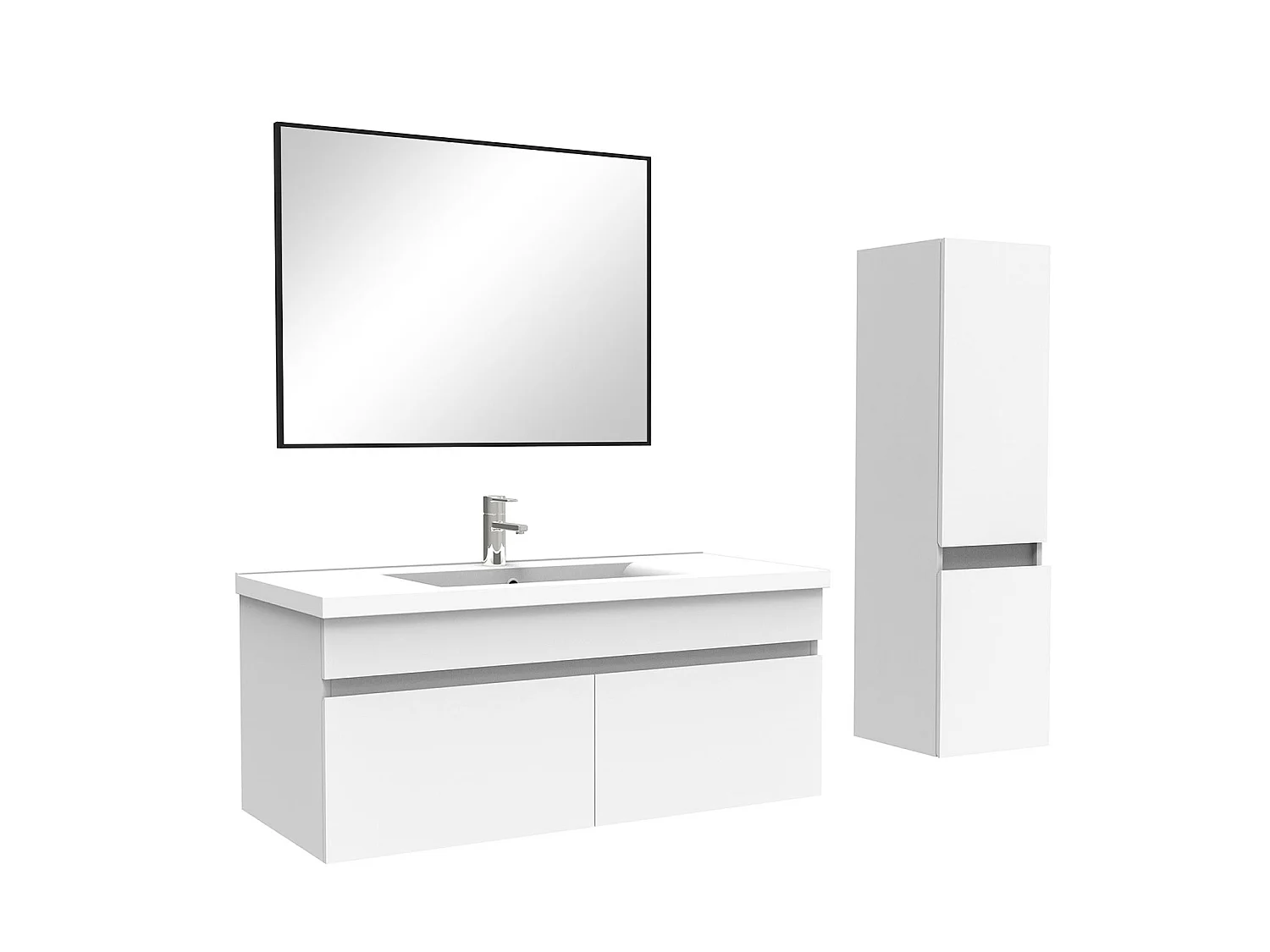 Ensemble Salle De Bain 100cm Blanc meuble et miroir et colonne et simple vasque, Aica