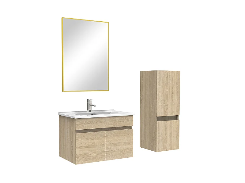 Ensemble Salle De Bain 60cm Chêne Wotan meuble + miroir + colonne + simple vasque, Aica