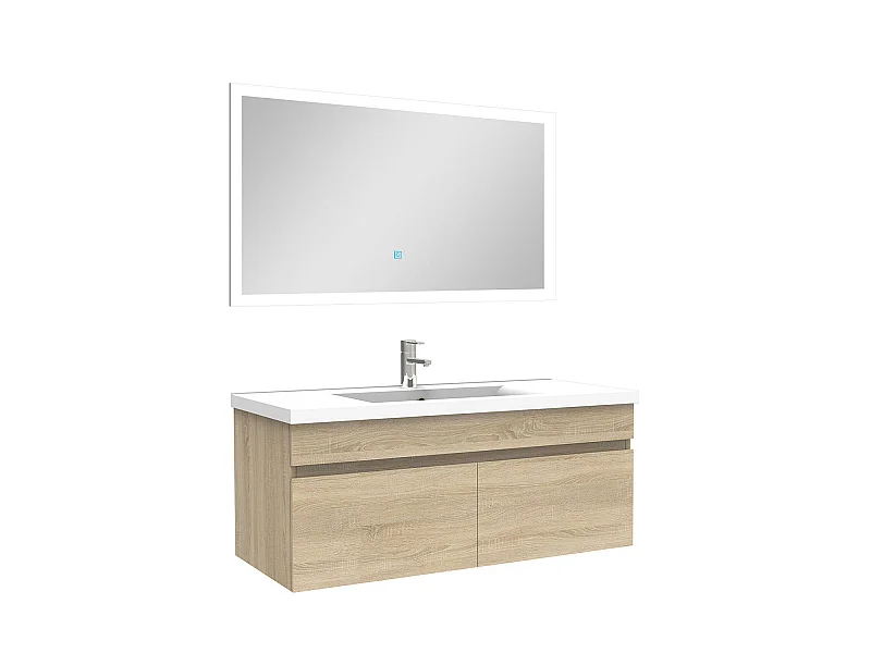 Ensemble Salle De Bain simple vasque 100cm meuble Chêne Wotan avec miroir lumineux, Aica