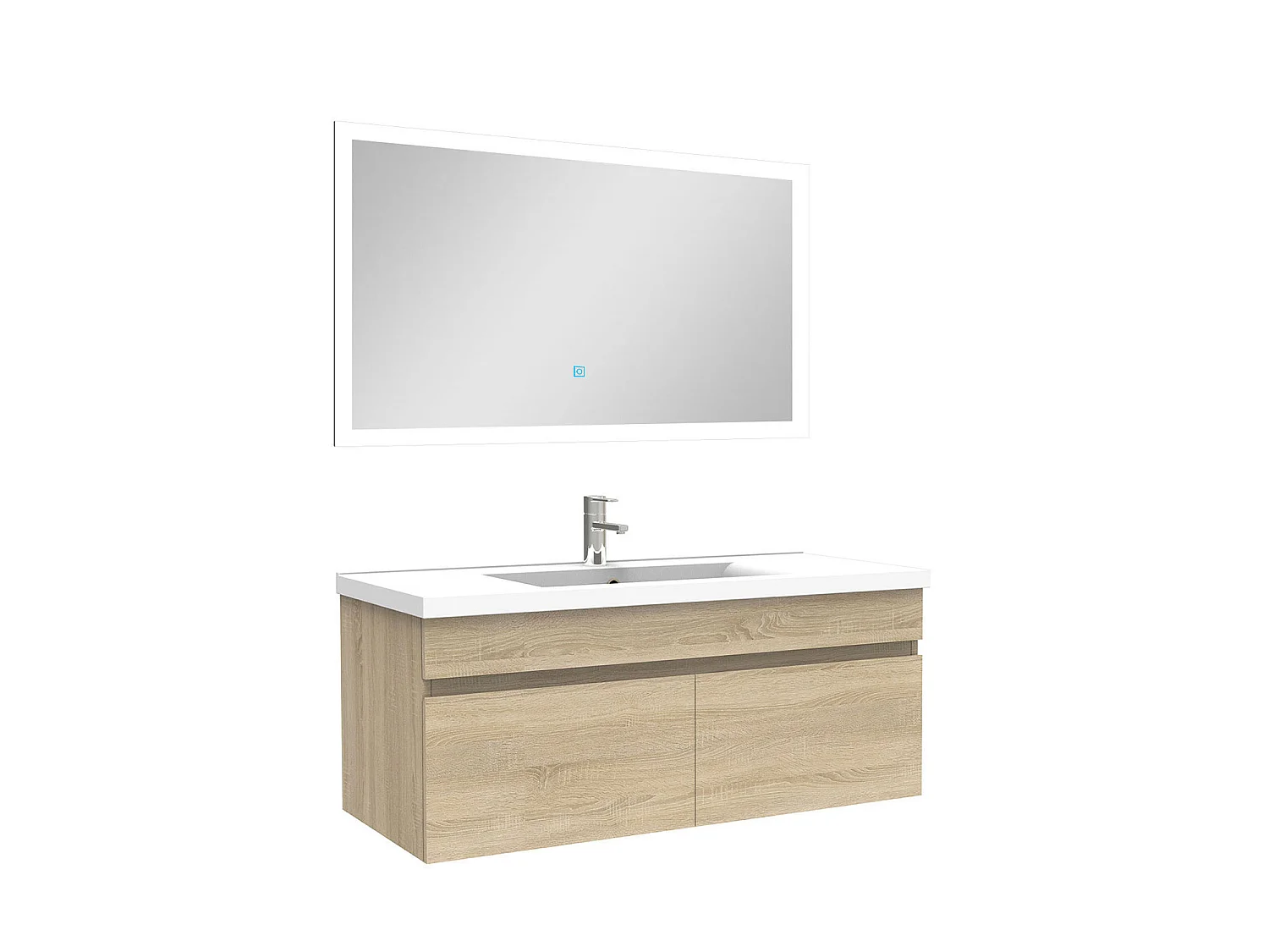 Ensemble Salle De Bain simple vasque 100cm meuble Chêne Wotan avec miroir lumineux, Aica