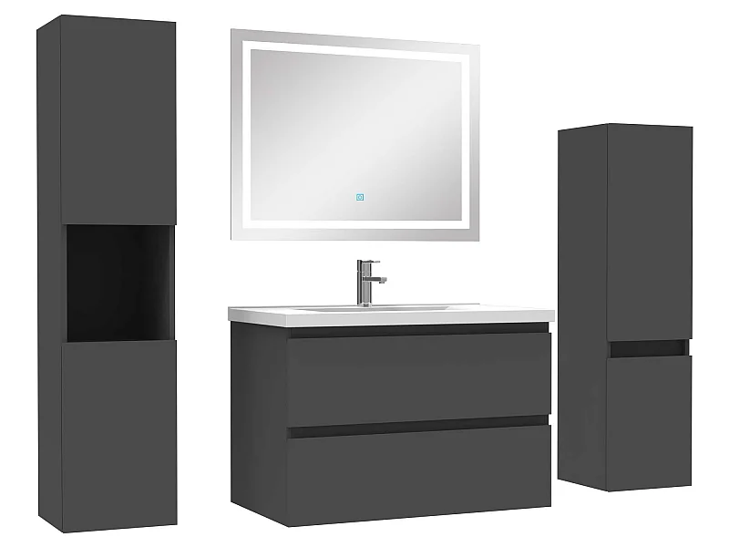 Ensemble meubles Salle de Bain 80cm vasque + colonne + miroir LED Anthracite