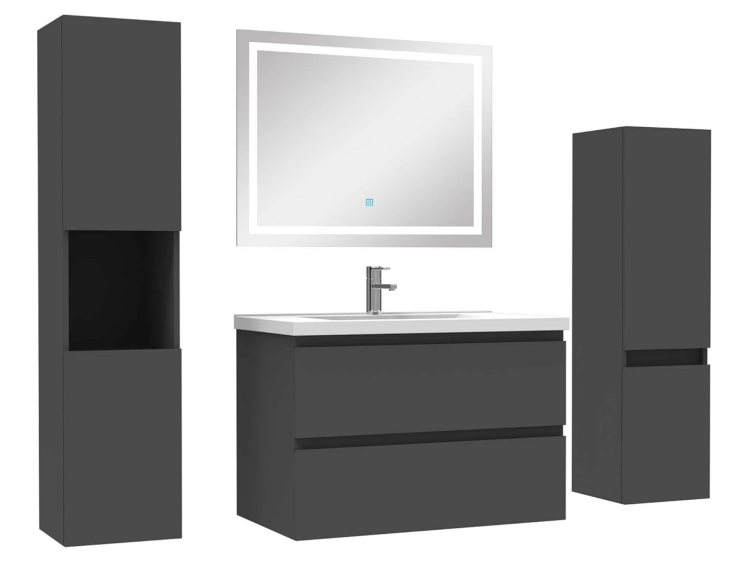 Ensemble meubles Salle de Bain 80cm vasque + colonne + miroir LED Anthracite