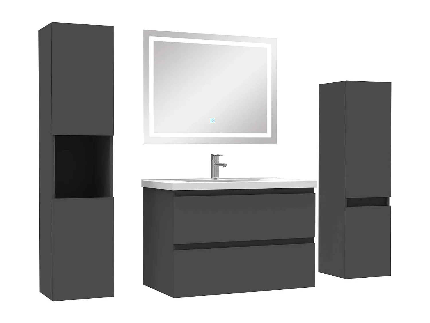 Ensemble meubles Salle de Bain 80cm vasque + colonne + miroir LED Anthracite