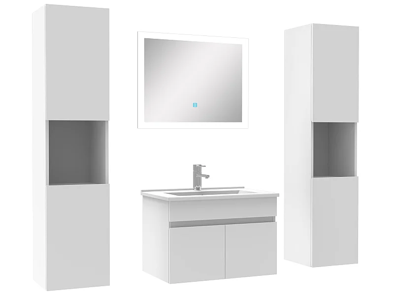 Ensemble meuble de salle de bain 60cm simple vasque + colonne de rangement + miroir lumineux Blanc