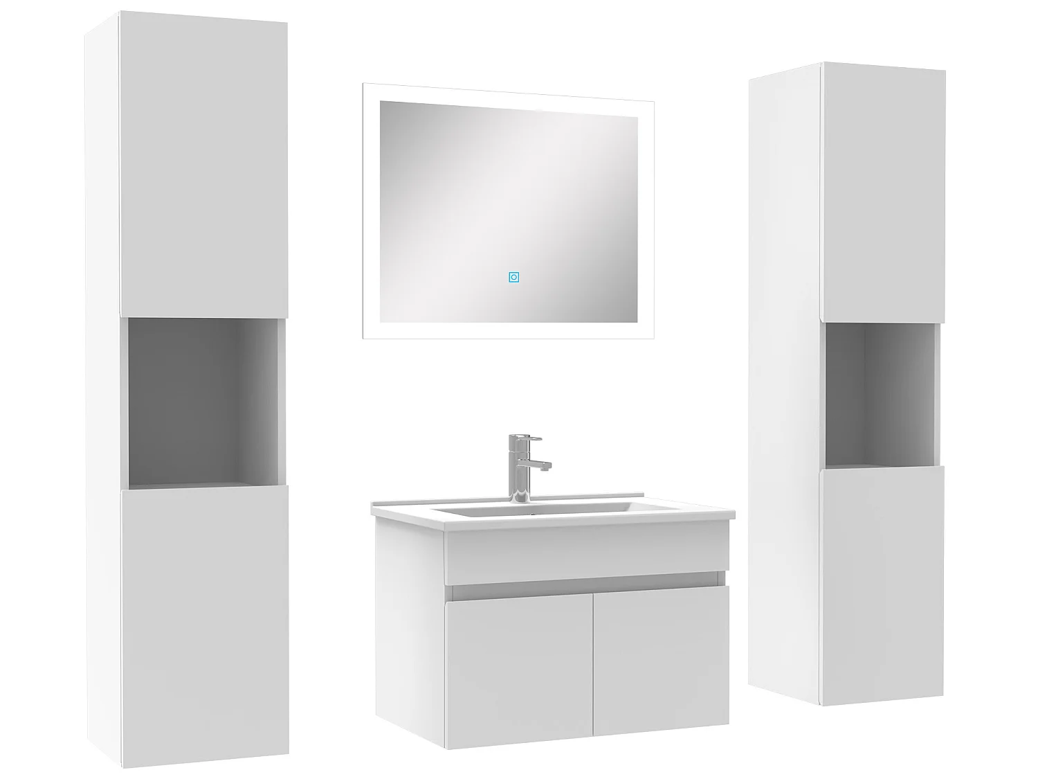 Ensemble meuble de salle de bain 60cm simple vasque + colonne de rangement + miroir lumineux Blanc