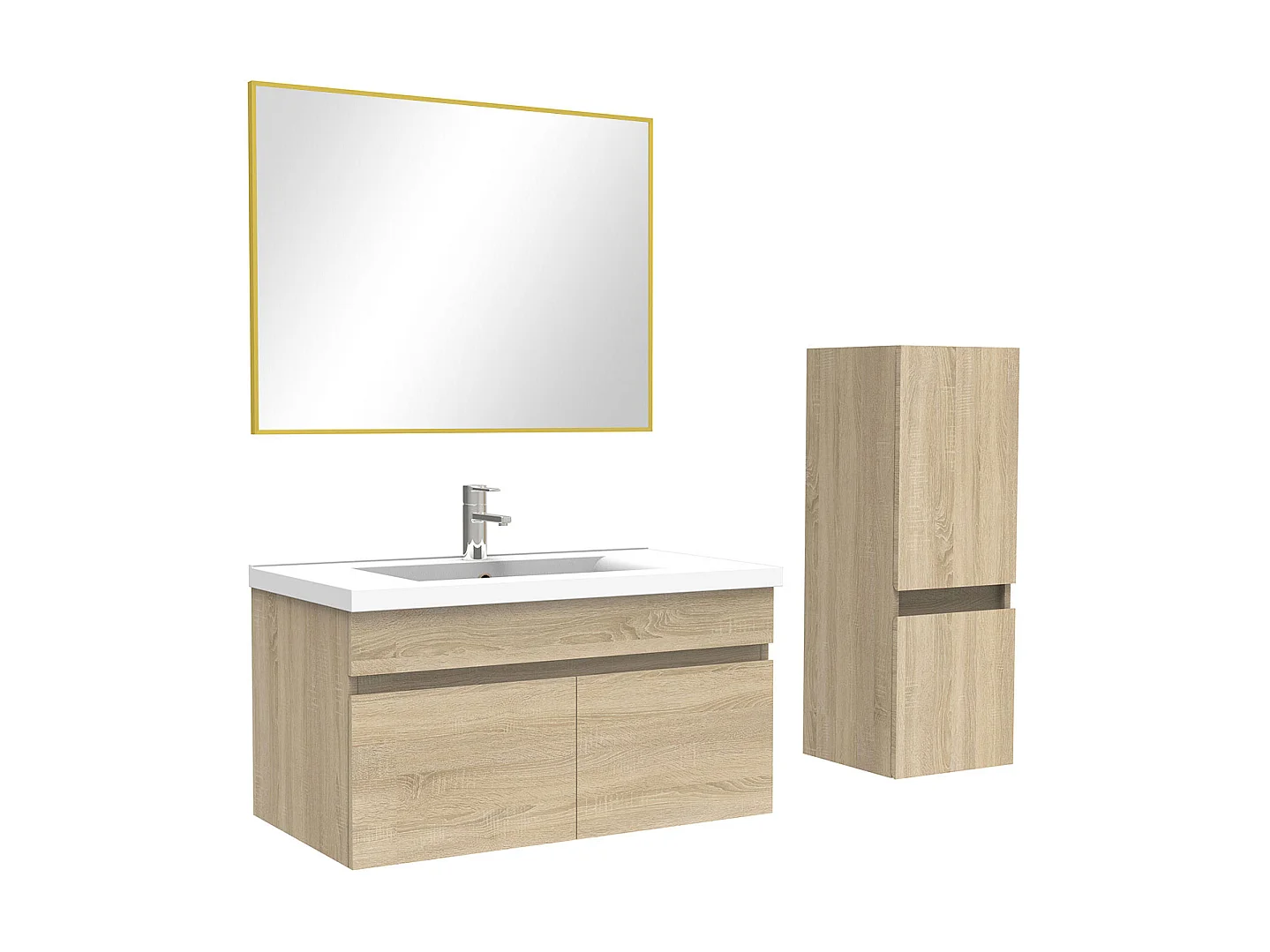 Ensemble Salle De Bain 80cm Chêne Wotan meuble + miroir + colonne + simple vasque, Aica