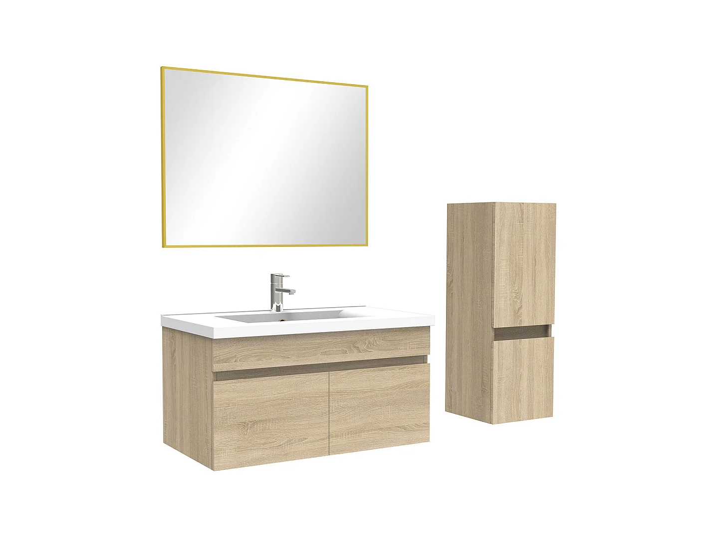 Ensemble Salle De Bain 80cm Chêne Wotan meuble + miroir + colonne + simple vasque, Aica
