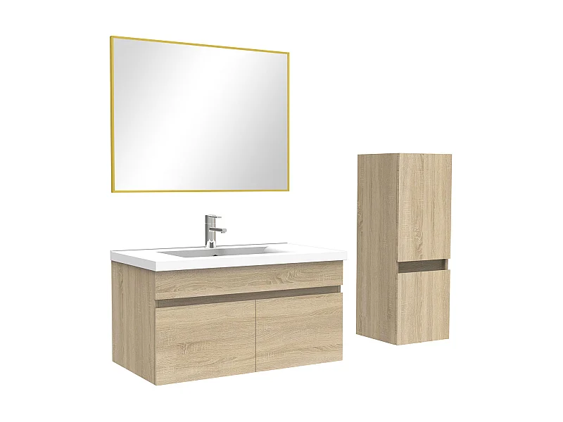 Ensemble Salle De Bain 80cm Chêne Wotan meuble + miroir + colonne + simple vasque, Aica