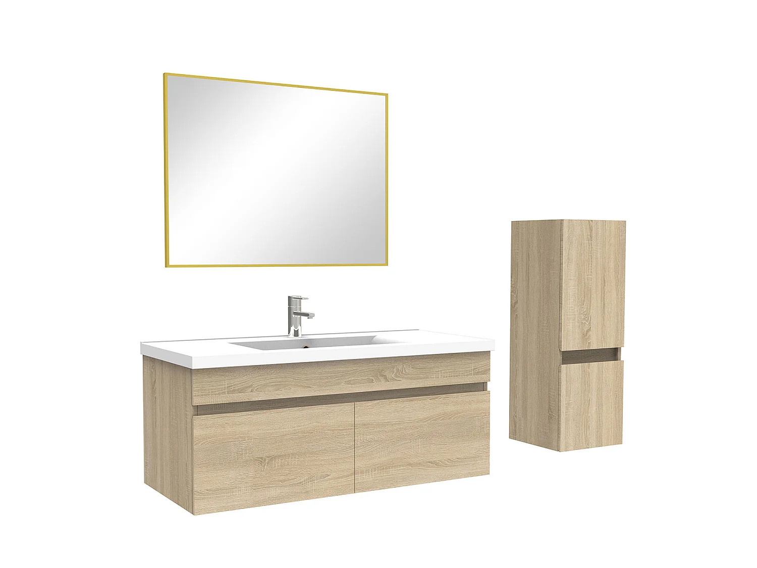 Ensemble Salle De Bain 100cm Chêne Wotan meuble + miroir + colonne + simple vasque, Aica