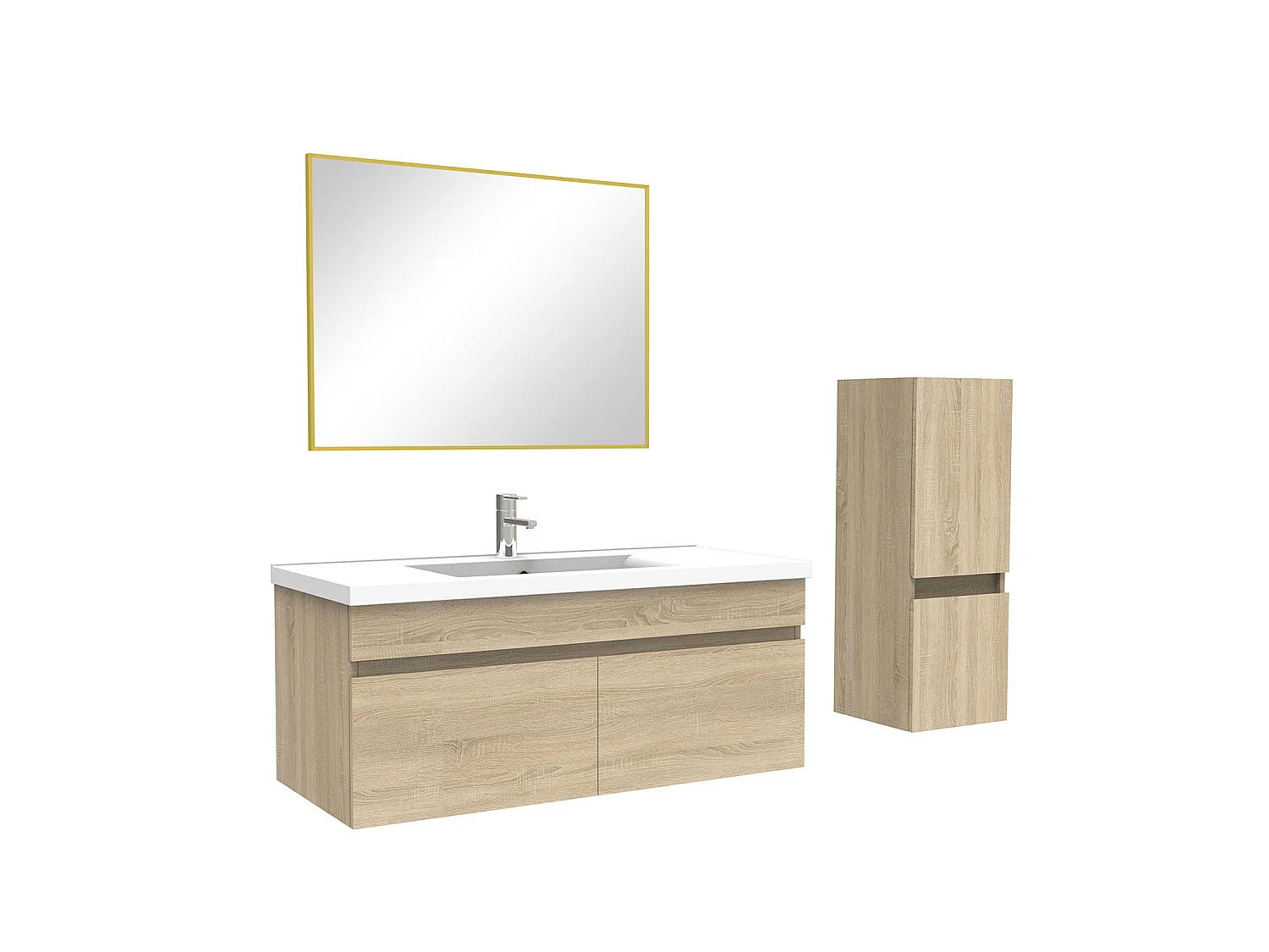 Ensemble Salle De Bain 100cm Chêne Wotan meuble + miroir + colonne + simple vasque, Aica
