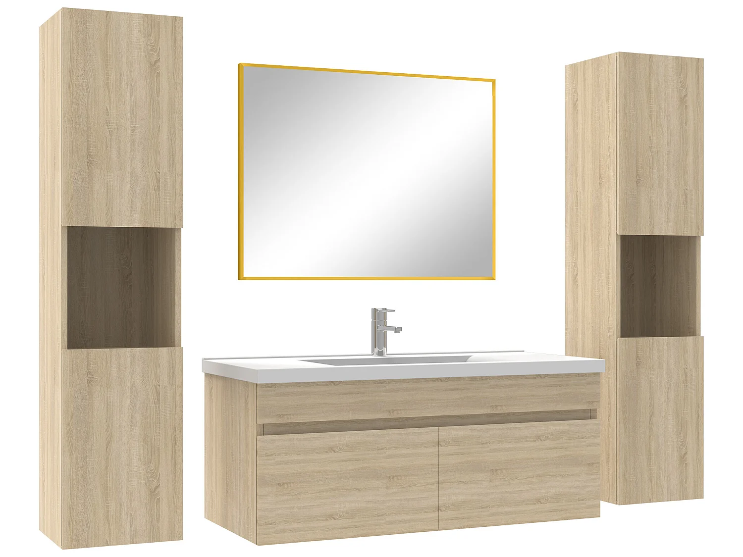 Ensemble meubles Salle de Bain 100cm simple vasque avec colonne + miroir mural Chêne Wotan