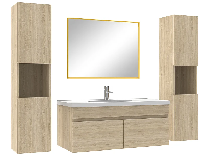 Ensemble meubles Salle de Bain 100cm simple vasque avec colonne + miroir mural Chêne Wotan