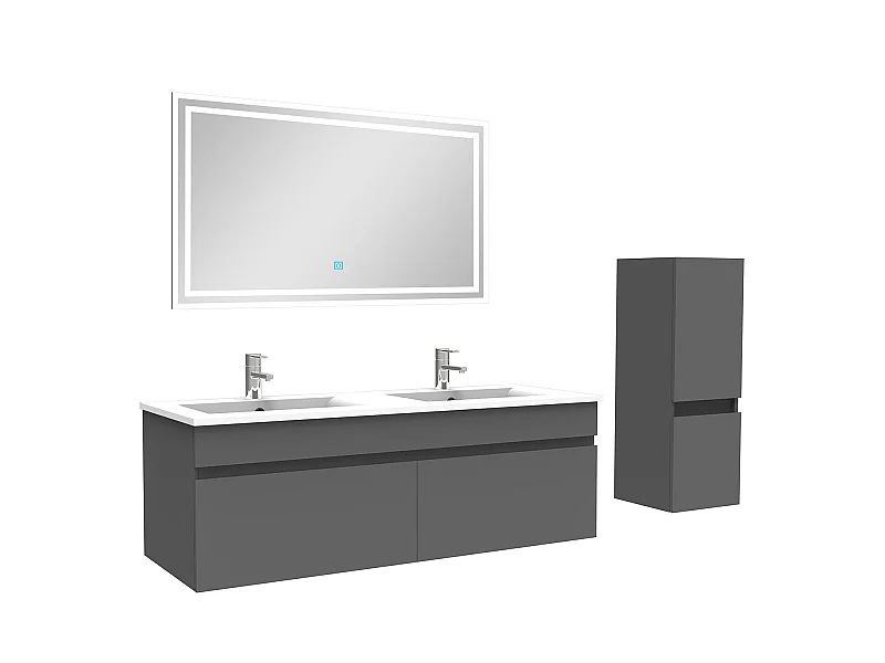 Ensemble Salle De Bain 120cm meuble Anthracite avec colonne et miroir lumineux, Aica