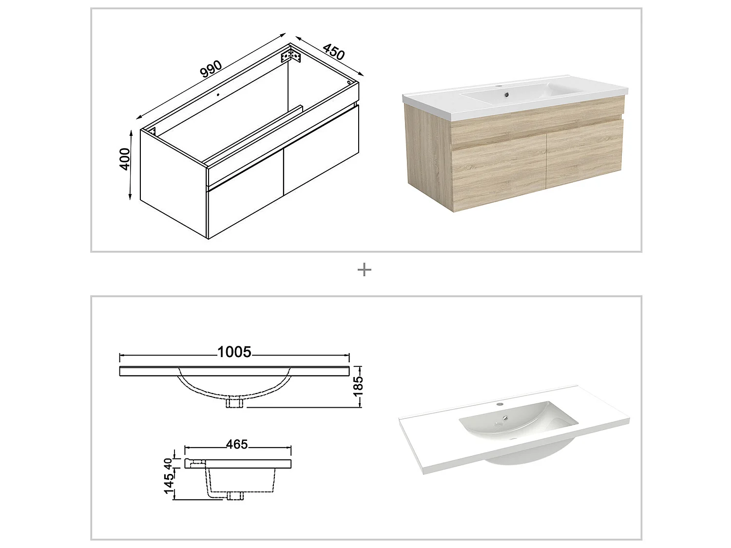 Meuble Salle de Bain 100cm Chêne Wotan avec colonne + miroir lumineux, Aica