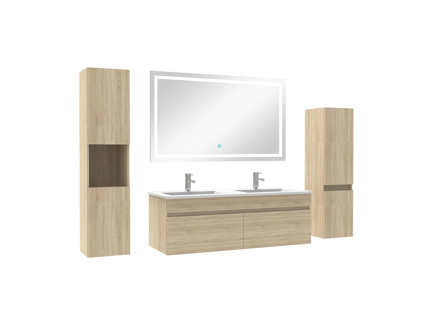 Meuble Salle de Bain 120cm double vasque + colonne + miroir lumineux Chêne Wotan