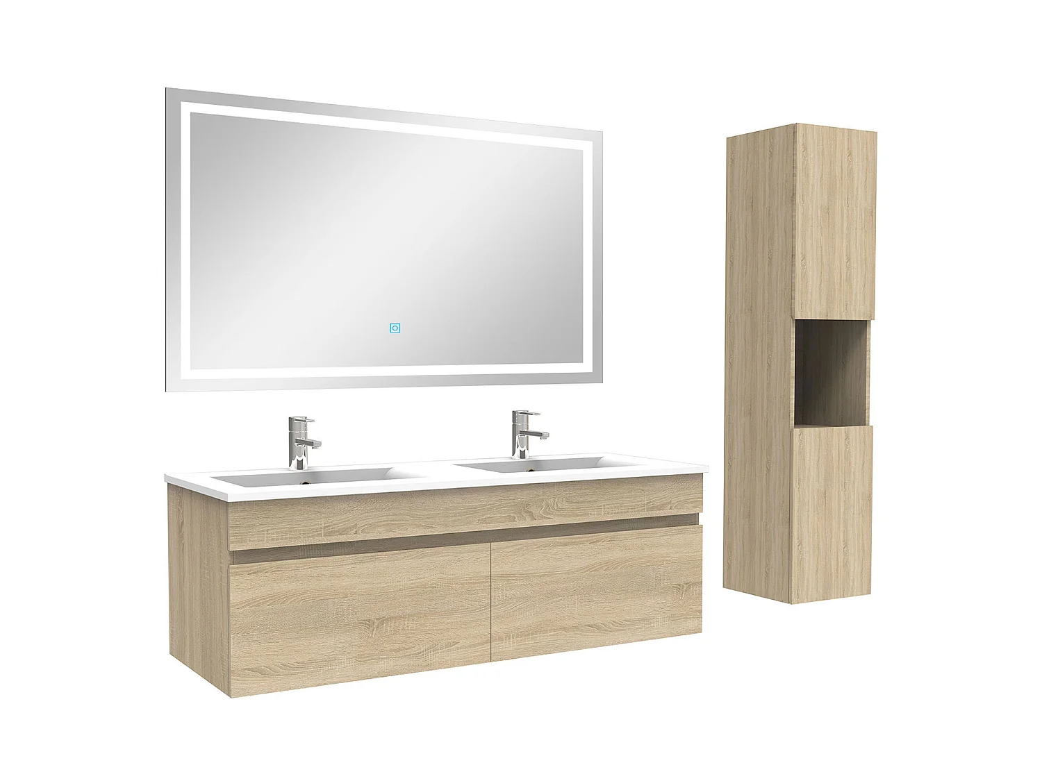 Ensemble meuble salle de bain + vasque + miroir lumineux + colonne 120cm Chêne Wotan,Aica
