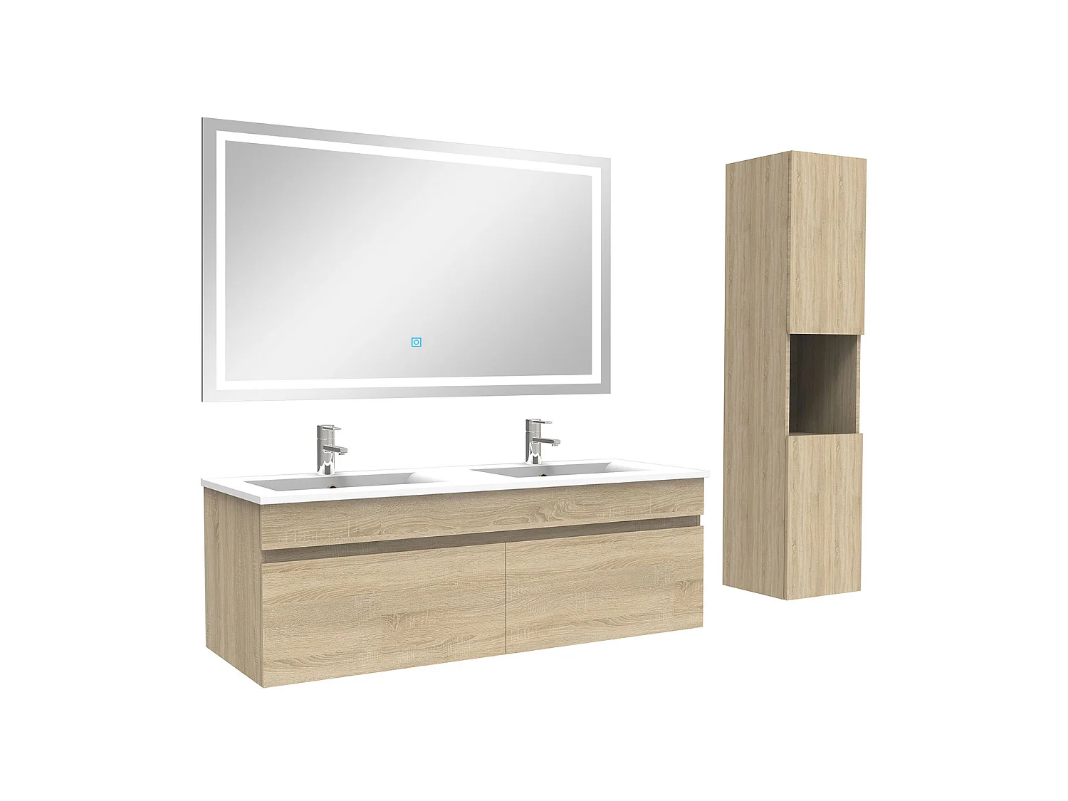Ensemble meuble salle de bain + vasque + miroir lumineux + colonne 120cm Chêne Wotan,Aica