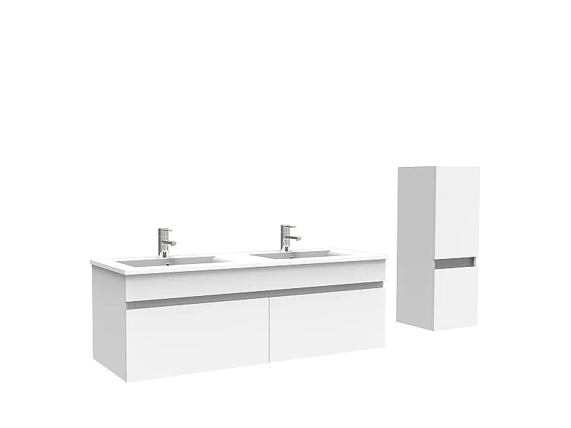 Meuble Salle de Bain 120cm Blanc avec colonne et vasque ceramique, Aica