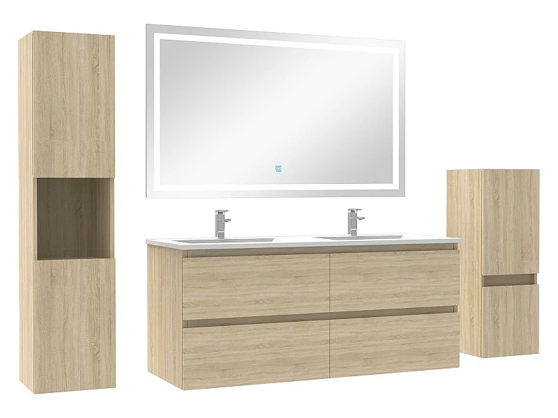 Ensemble meubles Salle de Bain 120cm double vasque + colonne + miroir LED Chêne Wotan