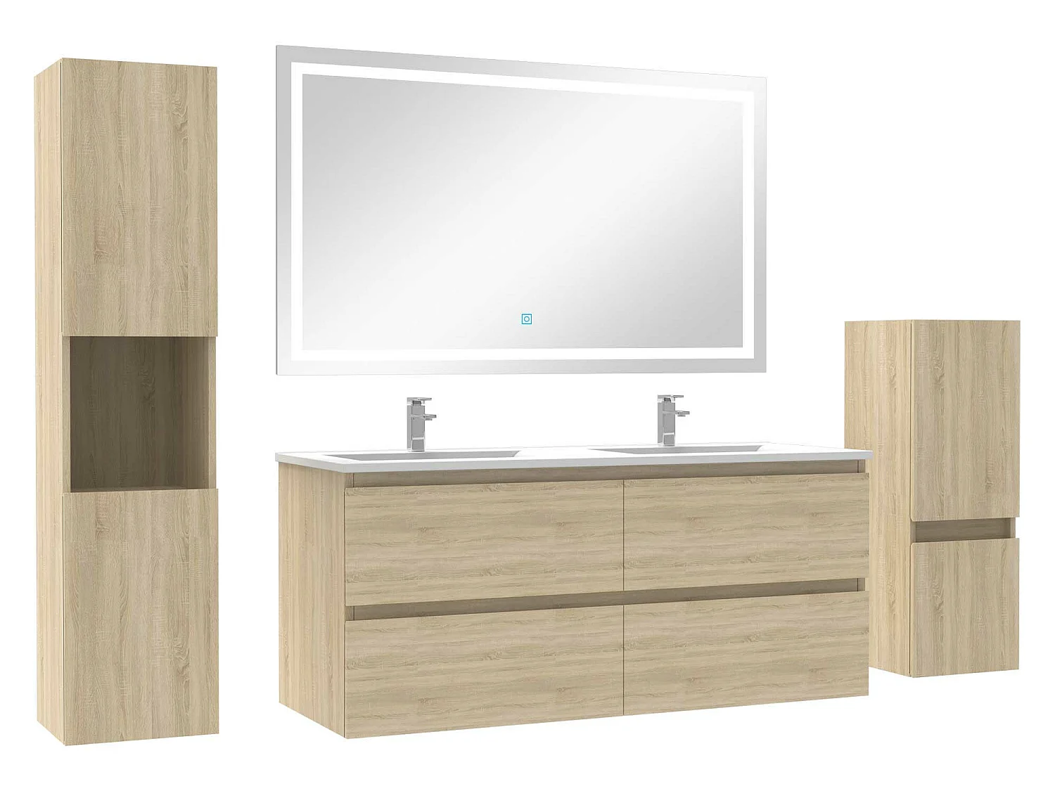 Ensemble meubles Salle de Bain 120cm double vasque + colonne + miroir LED Chêne Wotan