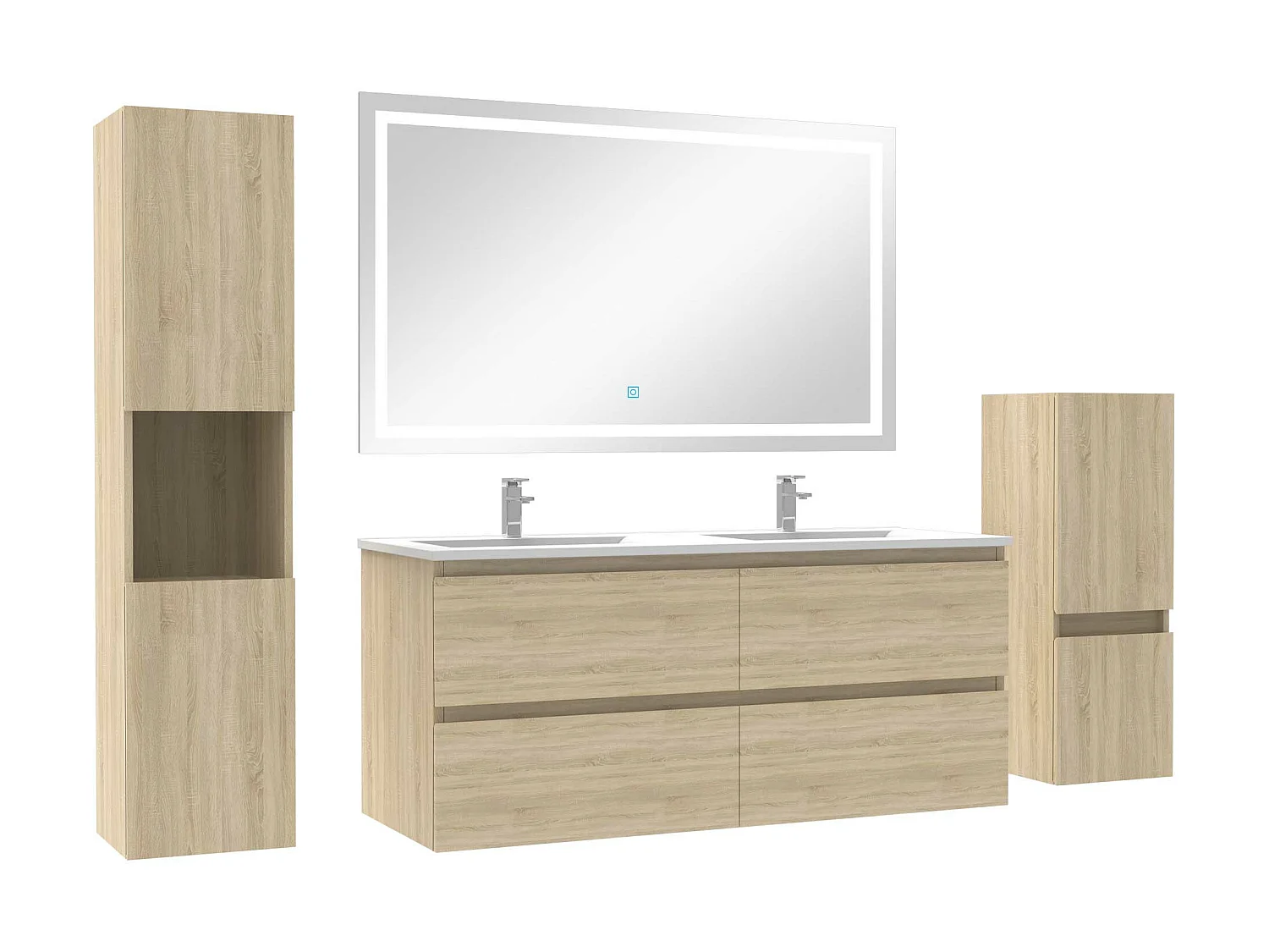 Ensemble meubles Salle de Bain 120cm double vasque + colonne + miroir LED Chêne Wotan
