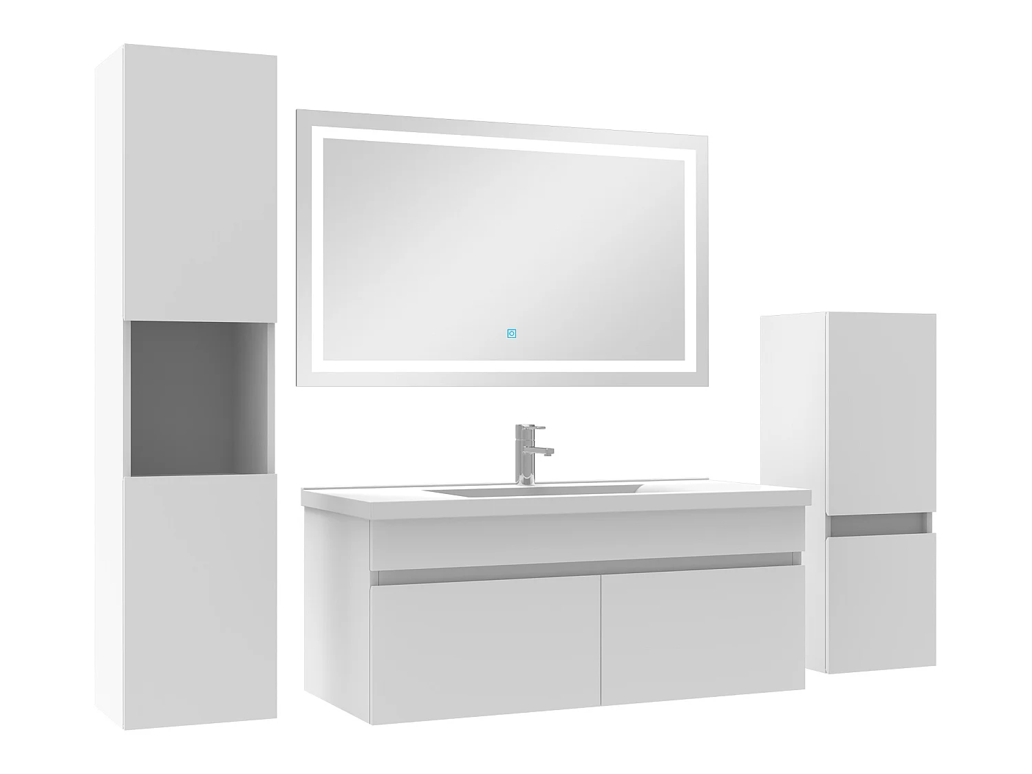Meuble Salle de Bain 100cm simple vasque + colonne + miroir LED Blanc