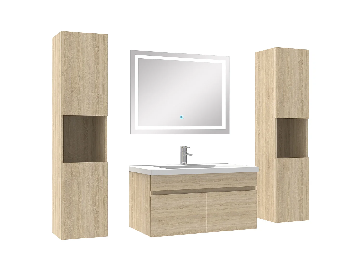 Ensemble meubles Salle de Bain 80cm vasque + colonnex2 + miroir lumineux Chêne Wotan