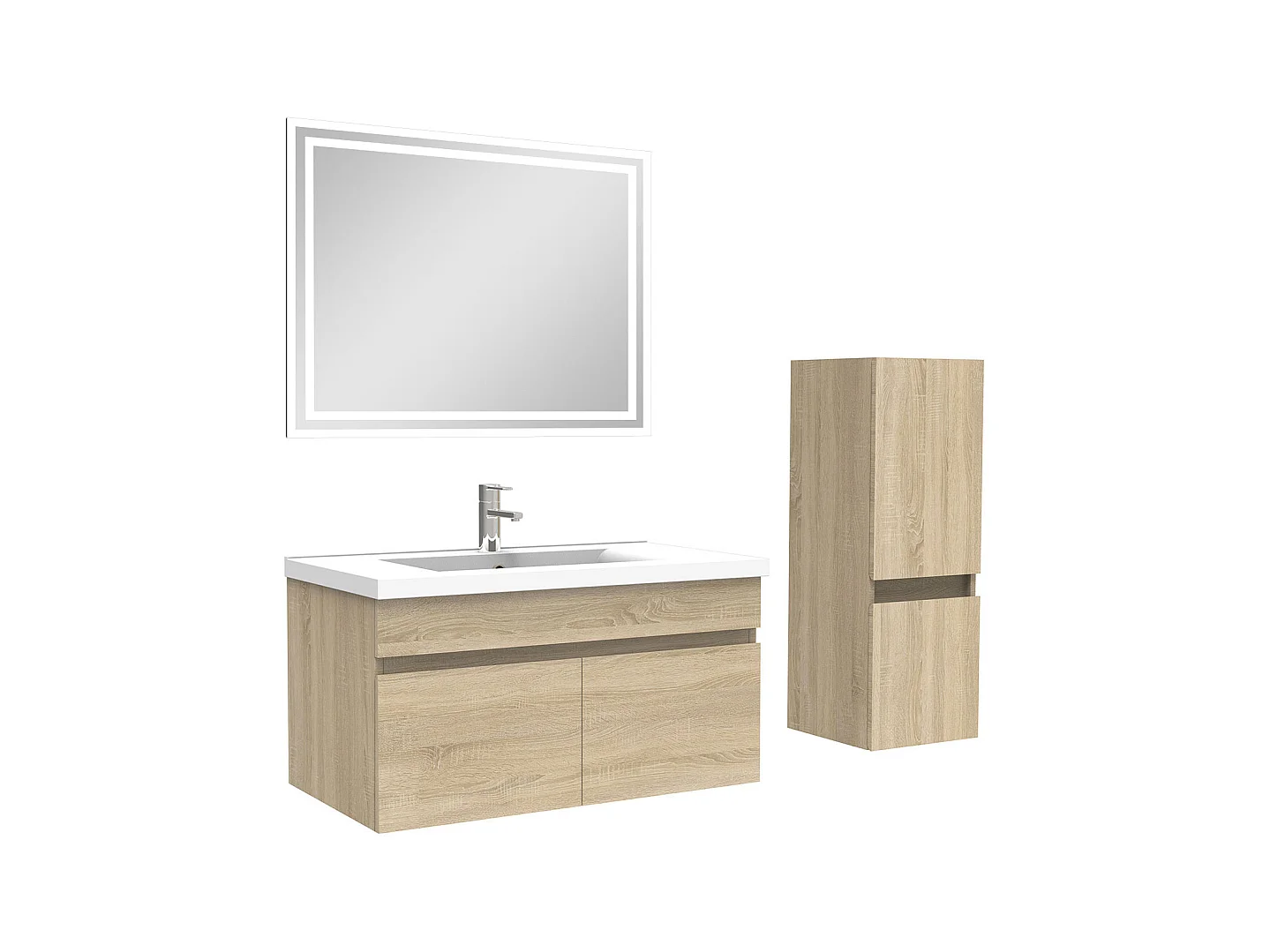 Ensemble Salle De Bain 80cm meuble Chêne Wotan avec colonne et miroir lumineux, Aica