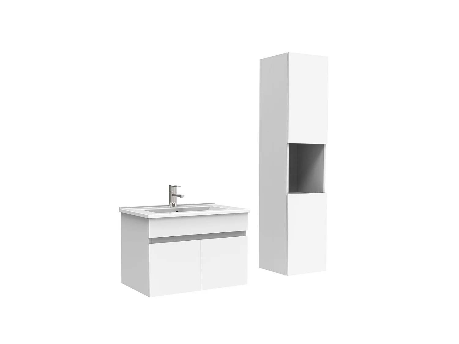 Meuble Salle de Bain avec colonne et vasque ceramique 60cm Blanc, Aica