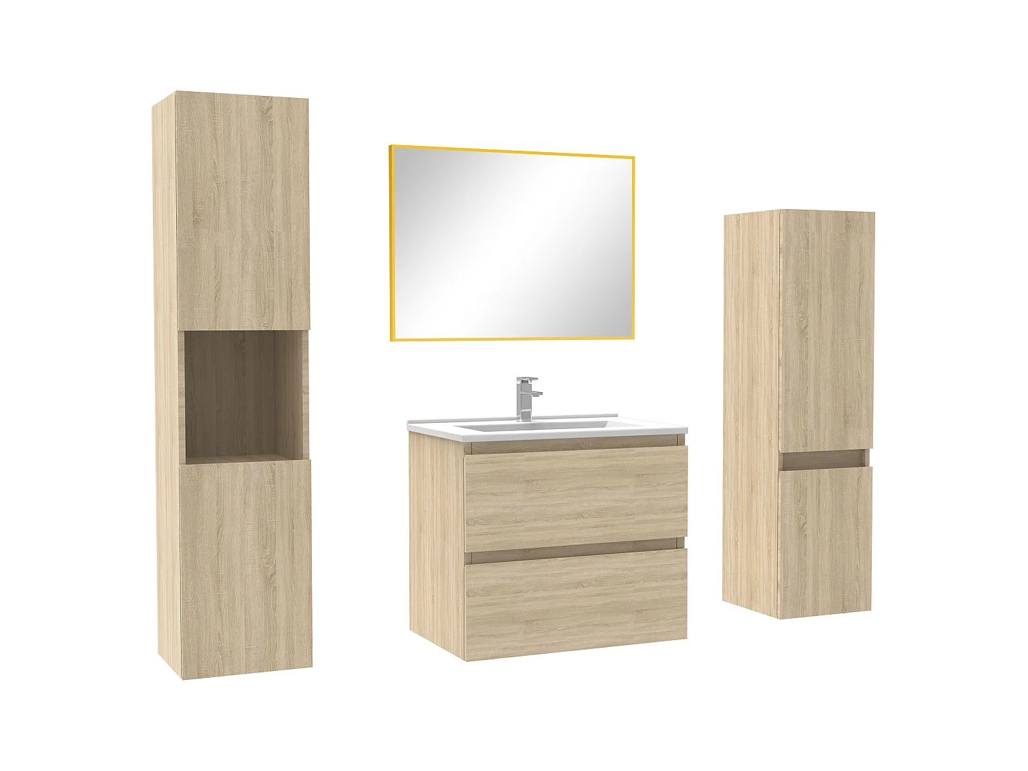 Ensemble meubles Salle de Bain 60cm vasque + colonne + miroir mural Chêne Wotan