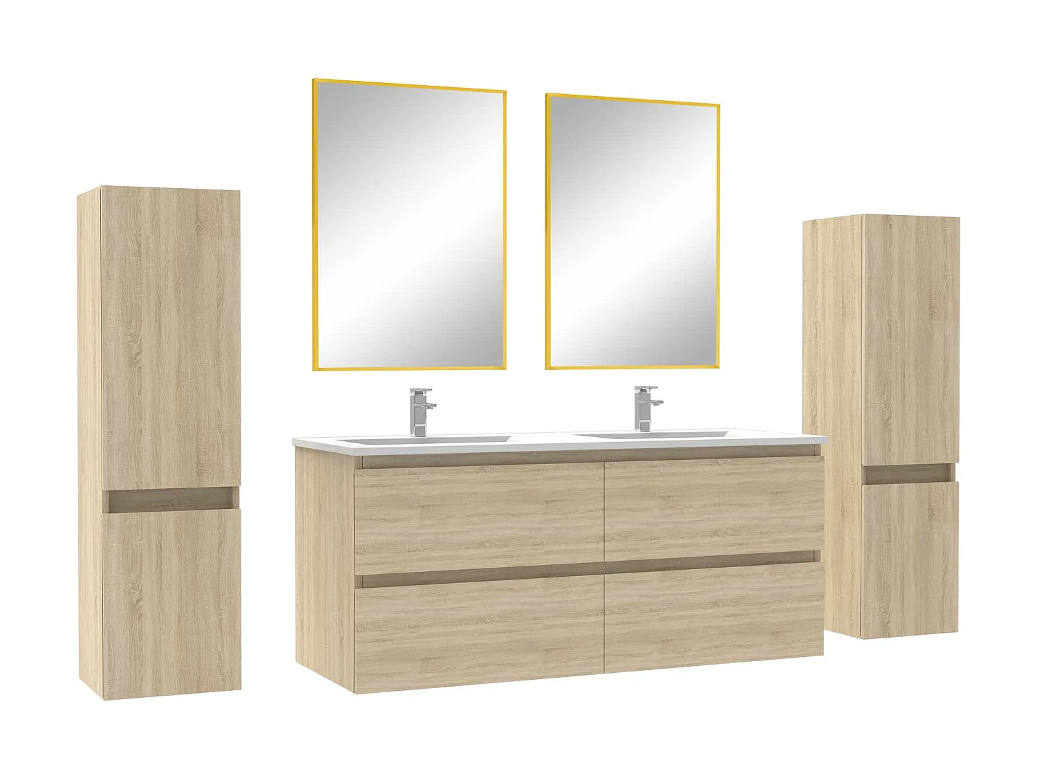 Ensemble meubles Salle de Bain avec colonne + miroir mural 120cm meuble Chêne Wotan
