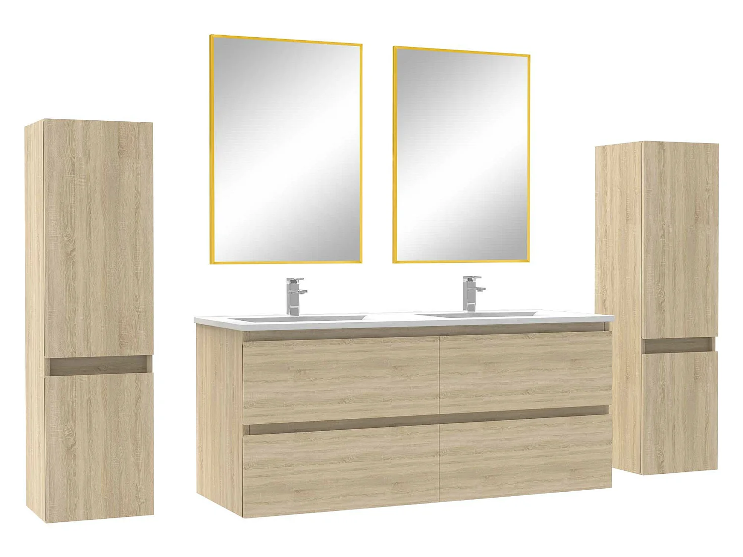 Ensemble meubles Salle de Bain avec colonne + miroir mural 120cm meuble Chêne Wotan