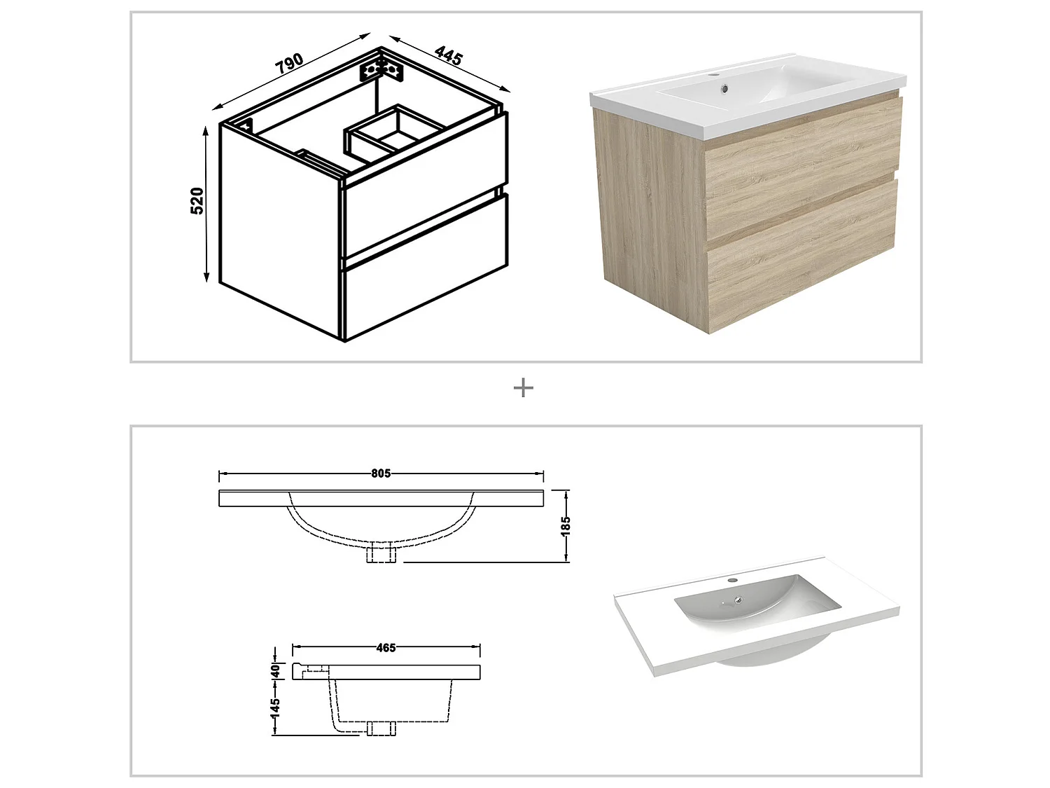 Ensemble meubles Salle de Bain 80cm vasque et colonnex2 et miroir Chêne Wotan